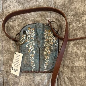 Embroidered Blue and Brown Crossbody Boot Bag
